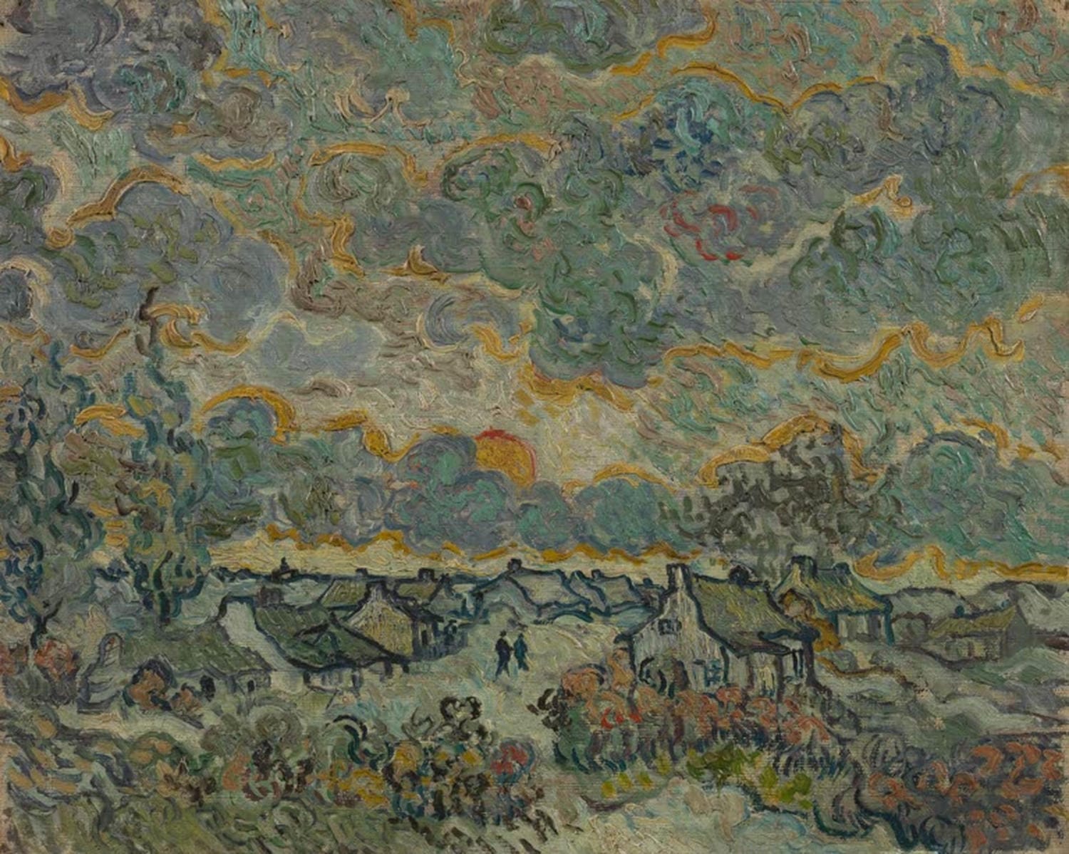 Kunstdruck des Gemäldes „Erinnerung an Brabant“ von Vincent van Gogh mit ländlicher Landschaft, Feldern und Häusern in warmen Farben