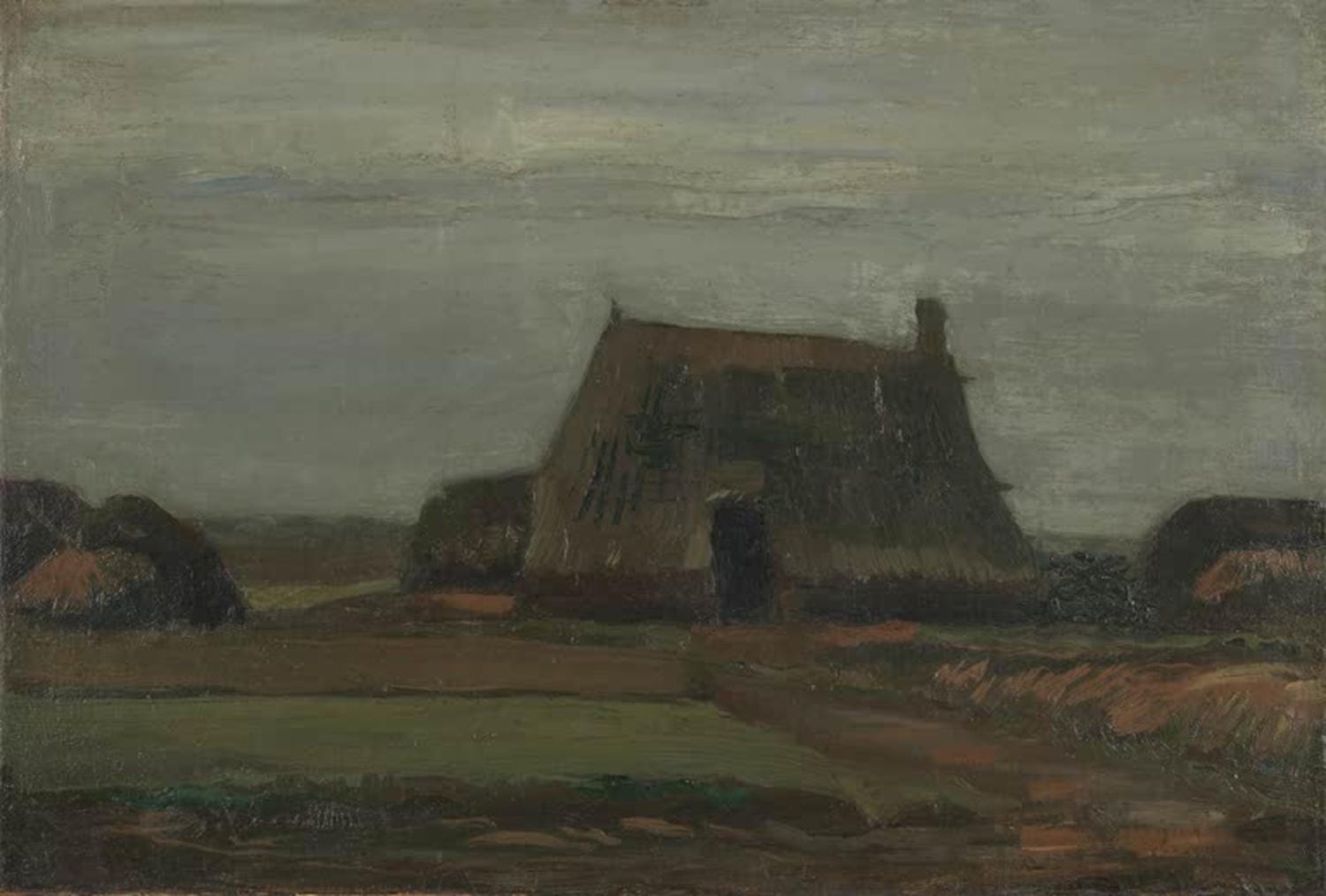 „Bauernhof mit Torfstich“ von Vincent van Gogh: Bauernhof mit Torfstich und Landschaft, in kräftigen Farben und dynamischen Pinselstrichen dargestellt.