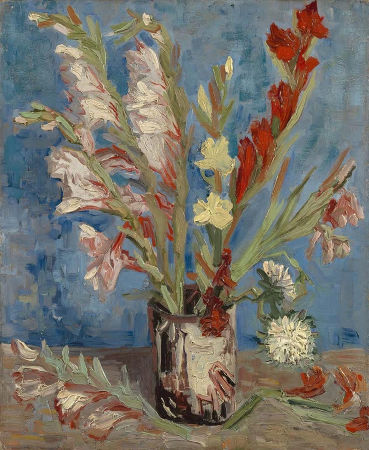 Kunstdruck „Vase mit Gladiolen und China-Astern“ von Vincent van Gogh mit leuchtenden Blüten, kräftigen Farben und lebendigem, strukturiertem Pinselstrich.