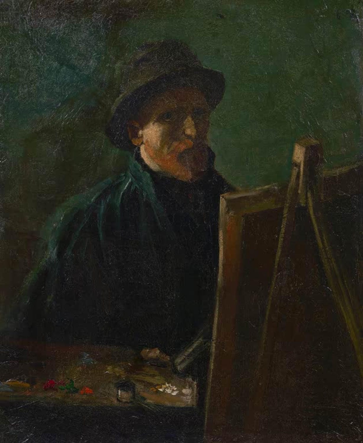 Kunstdruck des Gemäldes „Selbstporträt als Maler“ von Vincent van Gogh mit markanten Gesichtszügen, intensiven Farben und expressiven Pinselstrichen.
