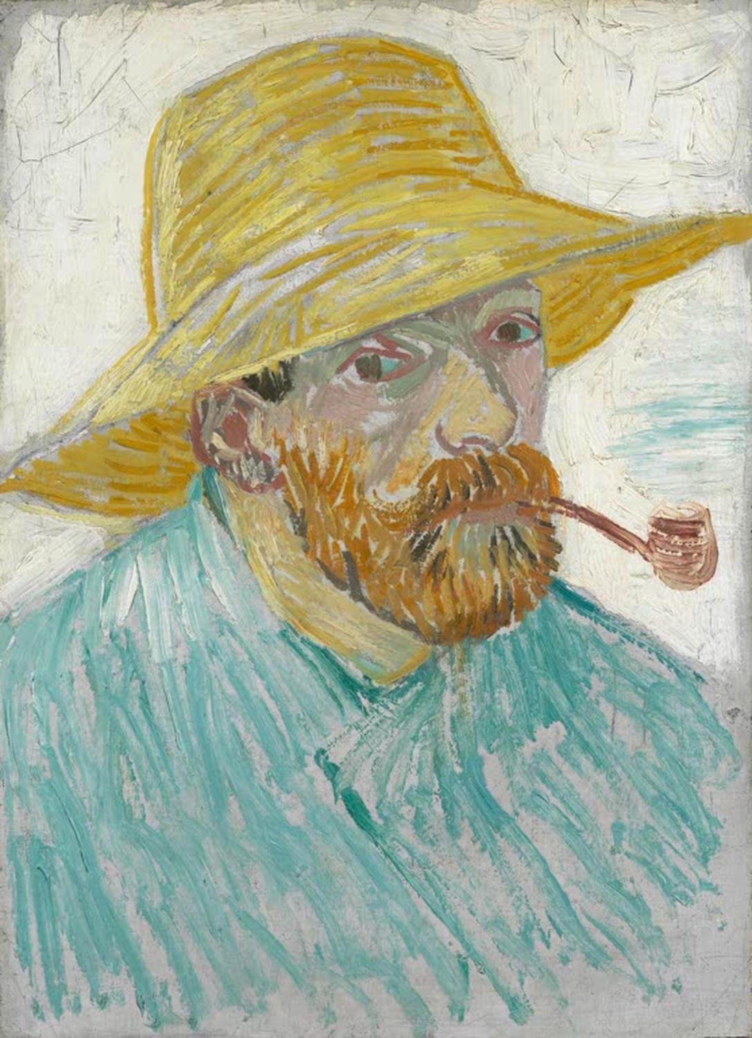 „Selbstporträt mit Pfeife und Strohhut“ von Vincent van Gogh – ausdrucksstarkes postimpressionistisches Selbstporträt mit intensiven Farben, markanter Pinselstruktur und charakteristischem Strohhut.