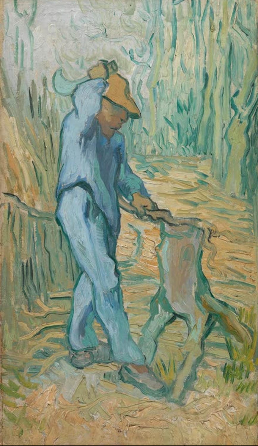 Kunstdruck des Gemäldes „Der Holzhacker“ von Vincent van Gogh mit einem Mann beim Holzhacken in ländlicher Landschaft in kräftigen Farben