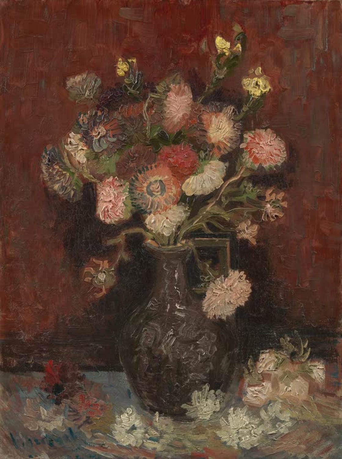 Vase mit Gladiolen und Astern von Vincent van Gogh – farbenfrohes Blumenstillleben in Vase, als hochwertiger Kunstdruck auf Poster oder Leinwand erhältlich.