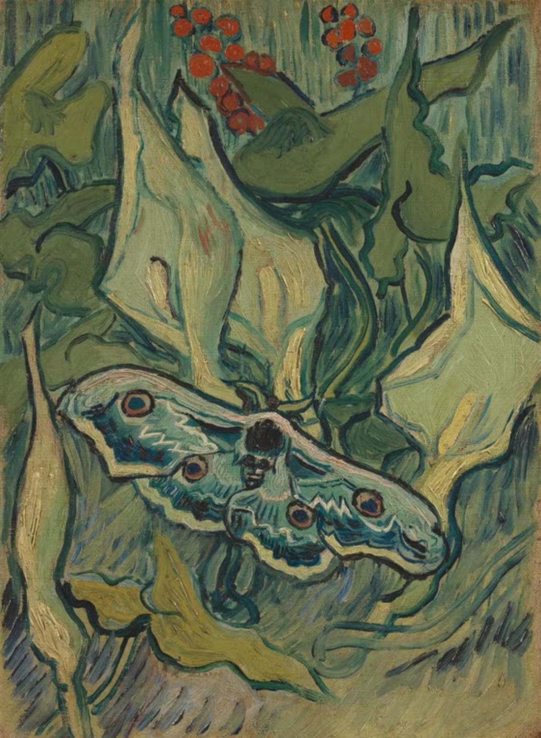Kunstdruck des Gemäldes „Das Nachtpfauenauge“ von Vincent van Gogh mit einem Schmetterling auf dunklem Hintergrund, lebendig in Farbe und Pinselstrich.