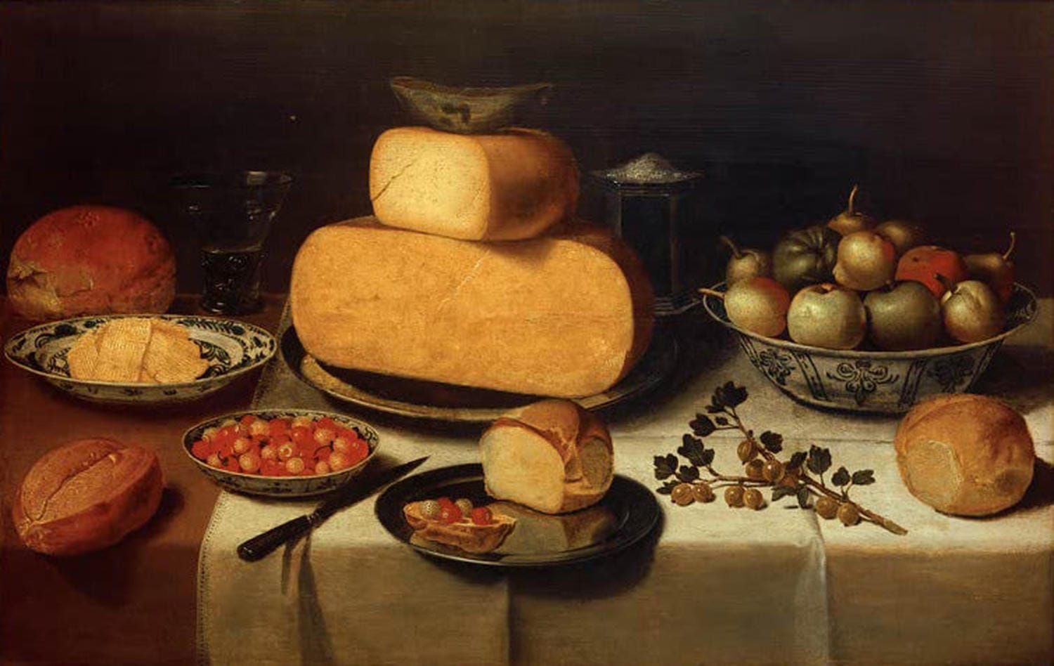 Frühstücksstillleben mit Käse, Brot und Früchten von Floris van Schooten – barockes Stillleben mit holländischer Frühstücksszene
