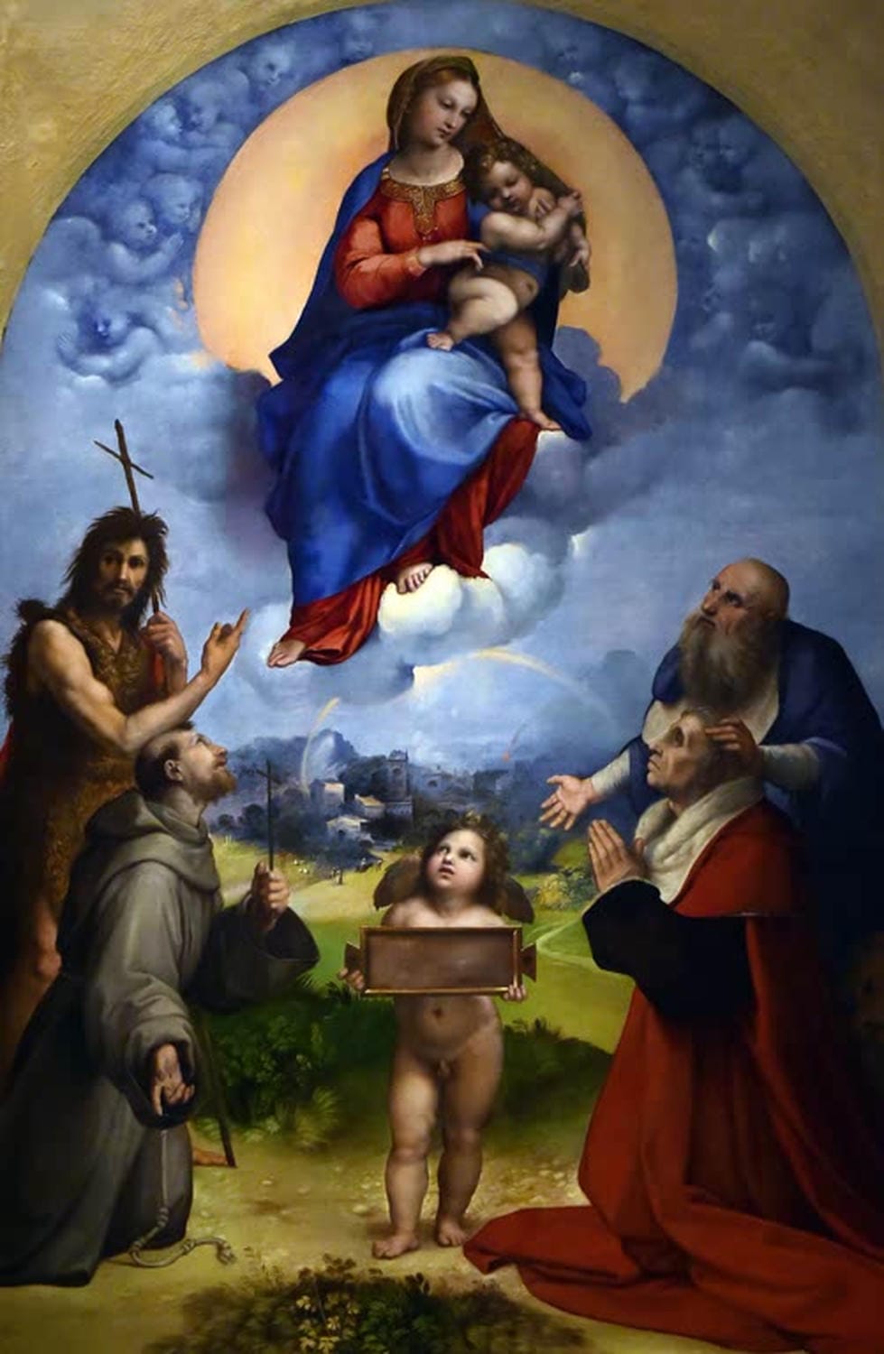 Raffael Gemälde „Madonna di Foligno“ – religiöses Werk mit der Madonna, umgeben von Heiligen und Engeln.
