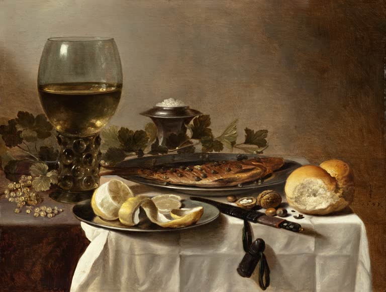 Stillleben mit Hering, Wein und Brot von Pieter Claesz – niederländisches Barockgemälde mit Mahlzeit und Glas Wein