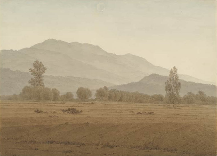 „Neumond über dem Riesengebirge“ von Caspar David Friedrich – romantische Gebirgslandschaft bei Neumond mit dunklen Bergzügen und weitem Himmel.