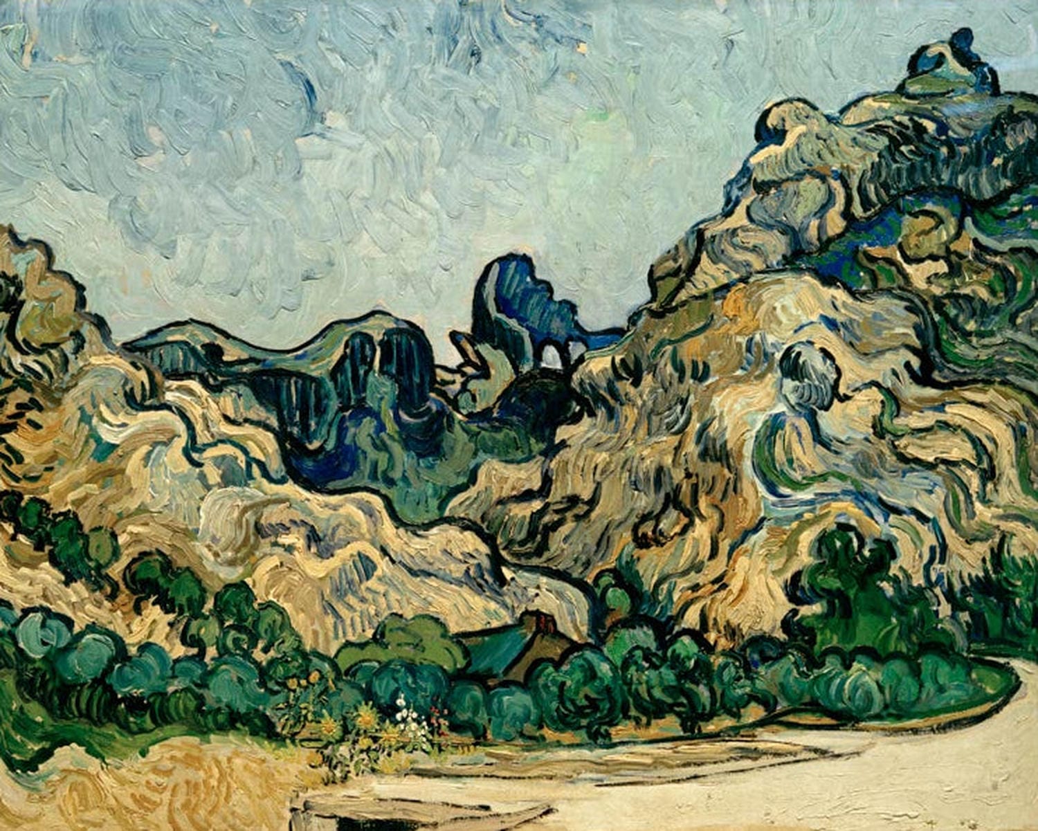 Kunstdruck des Gemäldes „Die Alpilles“ von Vincent van Gogh mit Blick auf die Alpilles-Berge und mediterrane Landschaft in kräftigen Farben