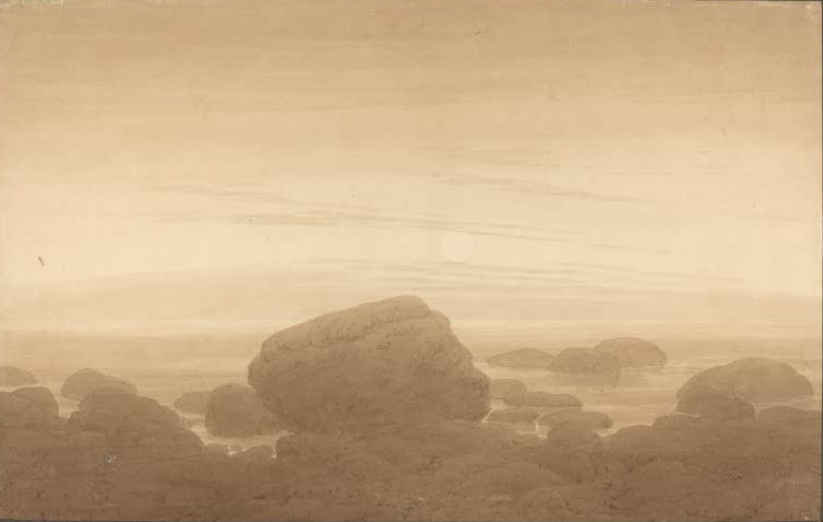 „Mondaufgang an leerem Strand“ von Caspar David Friedrich – menschenleerer Strand mit ruhigem Meer und aufgehendem Mond.