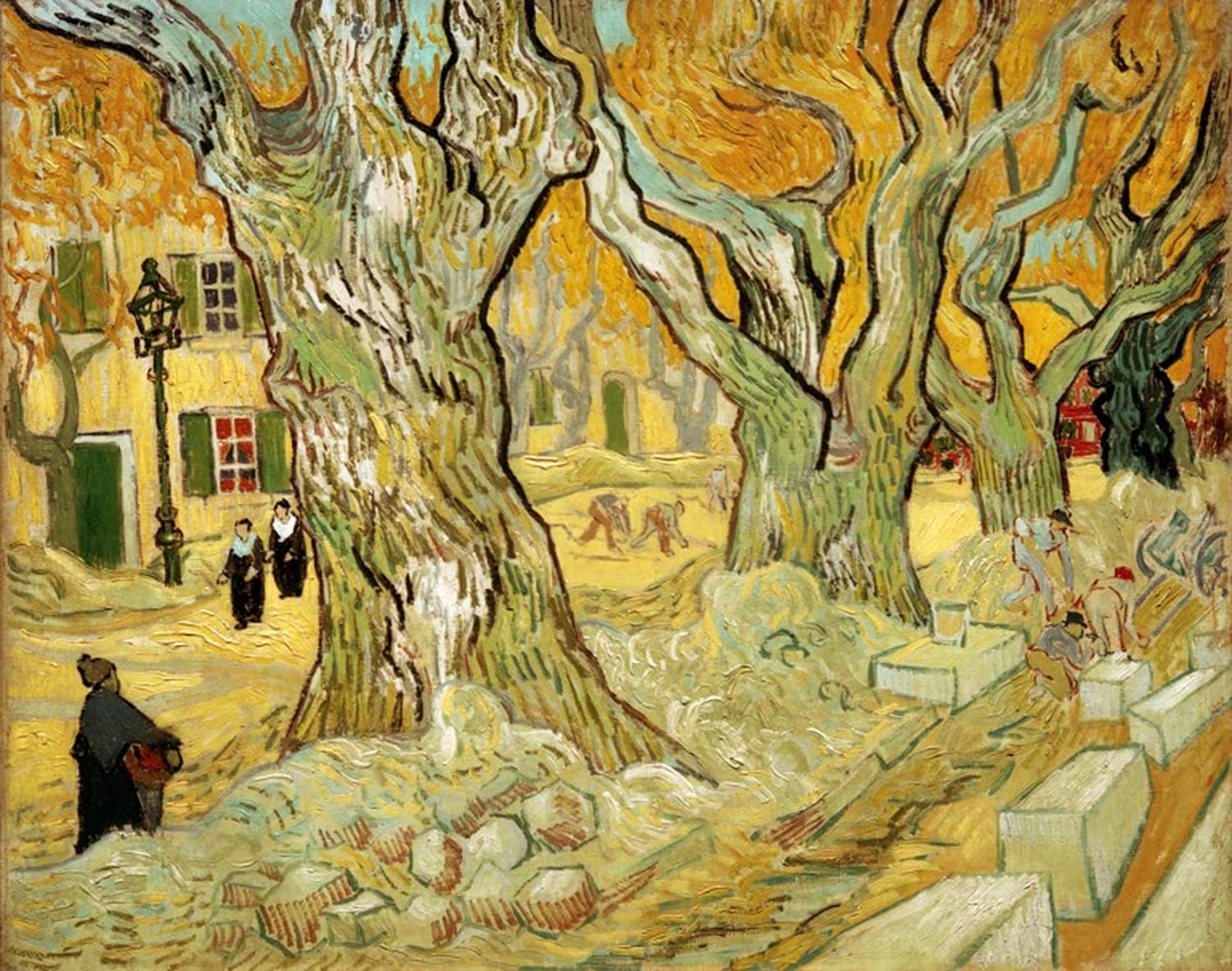 Kunstdruck „Straßenarbeiter in Saint-Rémy“ von Vincent van Gogh mit Arbeitern auf der Straße, erdigen Farben und lebendigem, expressivem Pinselstrich.