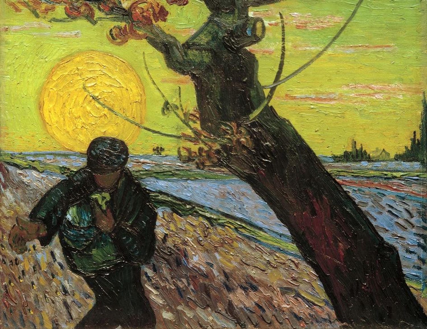 Kunstreproduktion „Der Sämann“ von Vincent van Gogh – Bauer bei Sonnenuntergang mit lebendigen Farben und dynamischem Pinselstrich.