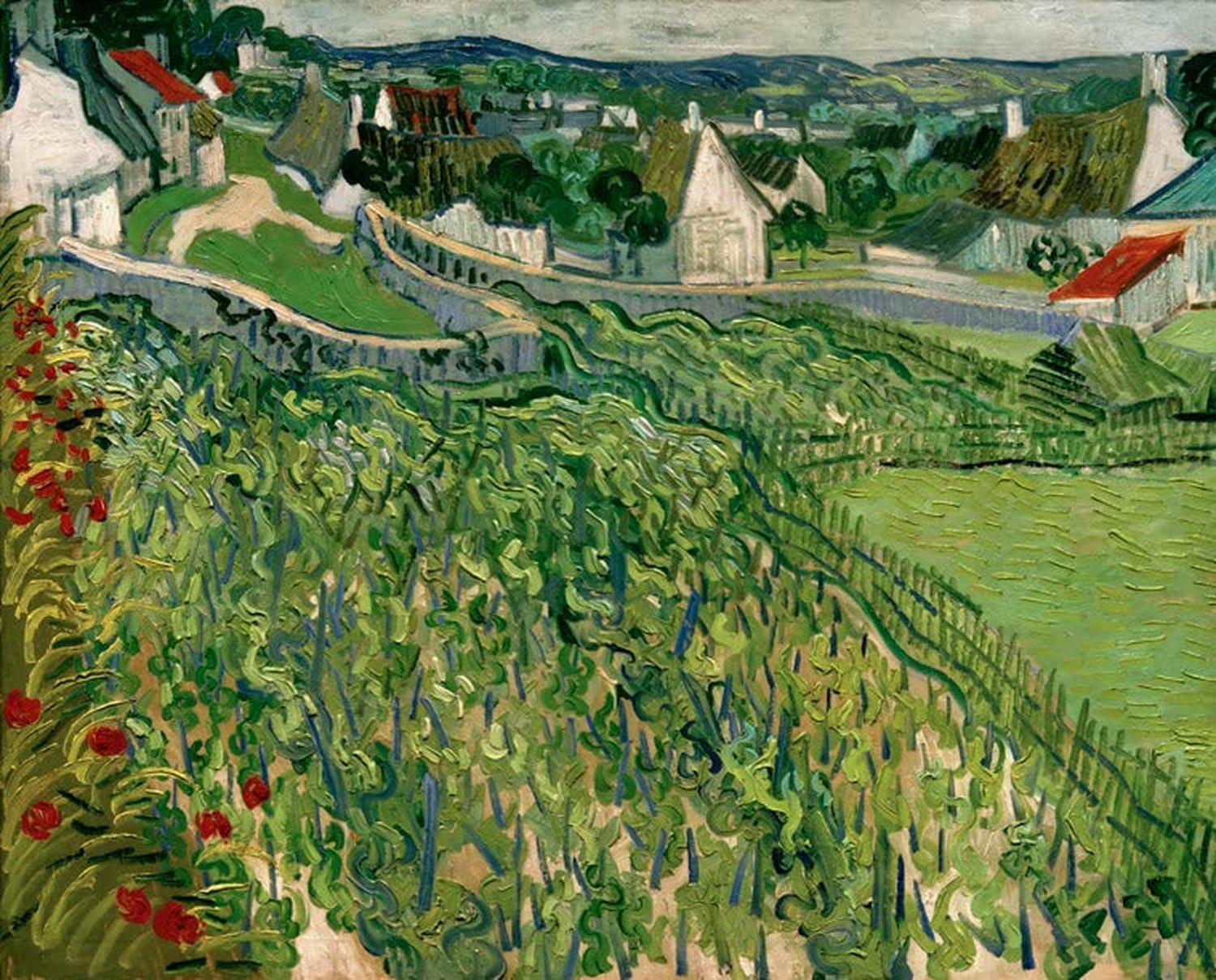 Kunstdruck „Weinberge mit Blick auf Auvers“ von Vincent van Gogh mit sanften Weinbergen, weitem Himmel und lebendigem, expressivem Pinselstrich.