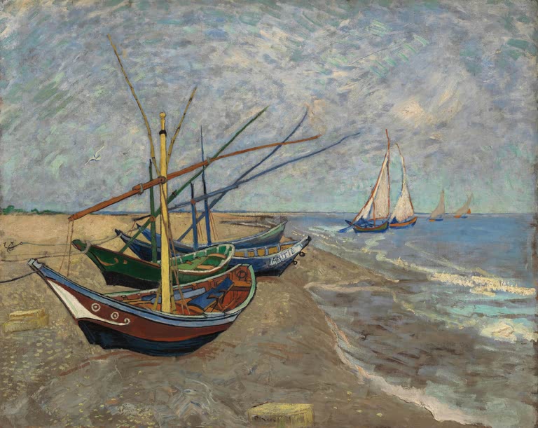 Fischerboote am Strand von Les Saintes-Maries-de-la-Mer von Vincent van Gogh
