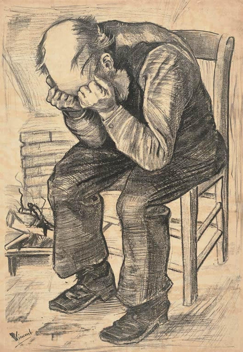 Kunstdruck des Gemäldes „Alter Mann in Trauer (An der Schwelle zur Ewigkeit)“ von Vincent van Gogh mit nachdenklichem älteren Mann in expressiven Farben