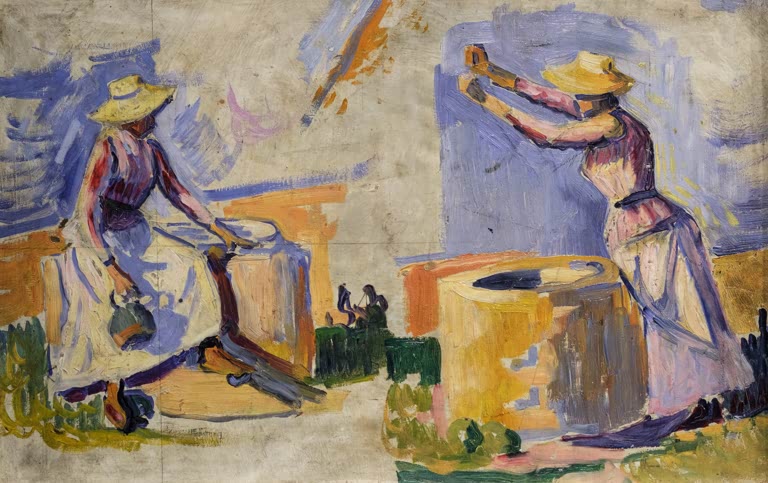 „Frauen am Brunnen“ von Paul Signac – farbenfrohe Szene mit mehreren Frauen an einem Brunnen in neoimpressionistischer Malweise.