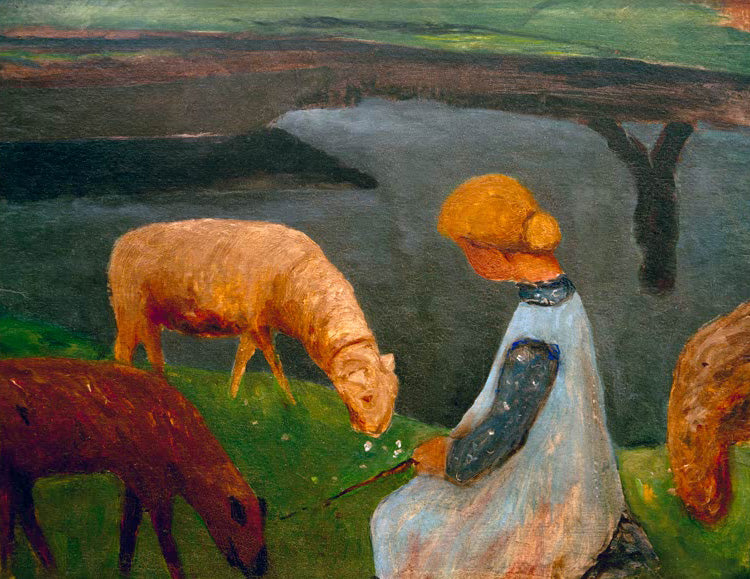 Sitzendes Mädchen mit Schafen am Weiher I von Paula Modersohn-Becker, expressionistische ländliche Szene