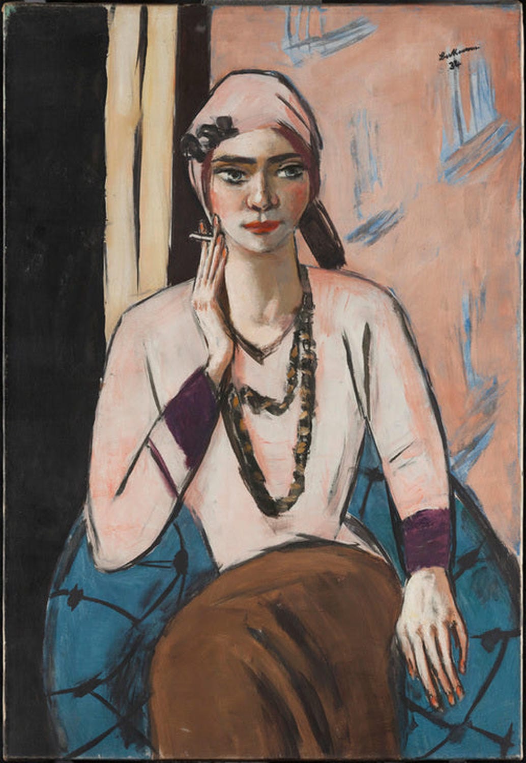Kunstdruck von Max Beckmanns „Quappi in rosa Jumper“ (1932–1934), ein Porträt der modernen Frau in lebhaften Farben.