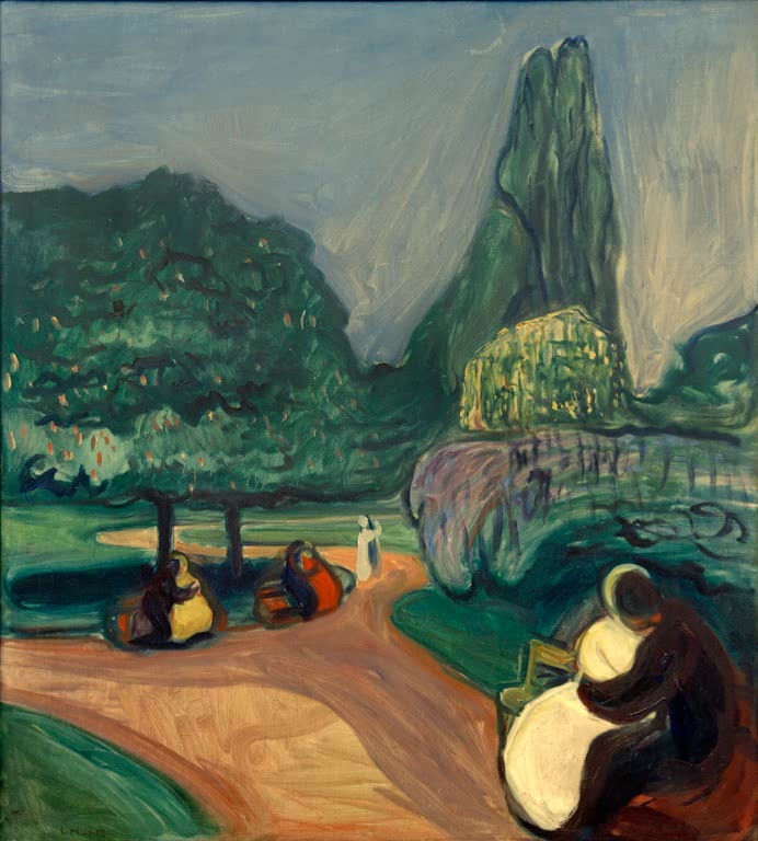 Gemälde „Summer Night in Studenterlunden“ von Edvard Munch mit Parkbäumen und Abenddämmerung