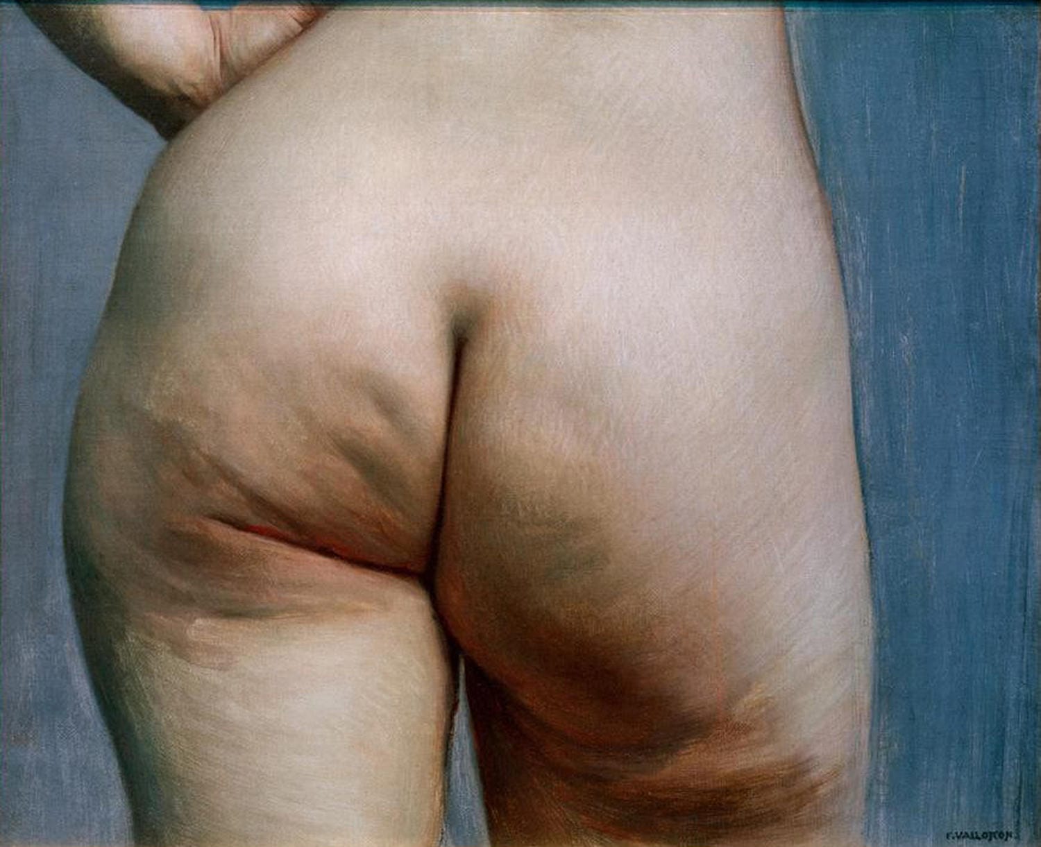 Kunstdruck von Félix Vallottons Studie des Gesäßes, einem realistischen Gemälde, das das nackte Gesäß einer Frau mit präziser Detailtreue darstellt.