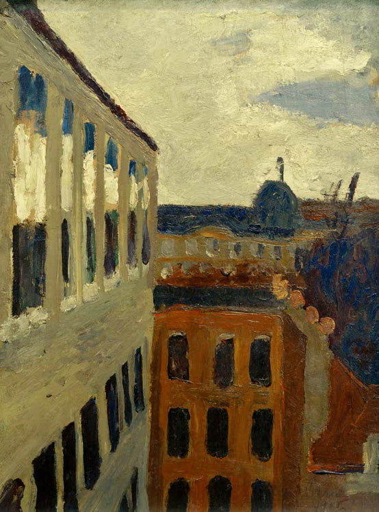 Gemälde Blick aus Atelier von Paula Modersohn-Becker, expressionistische Landschaft durch ein Atelierfenster gesehen