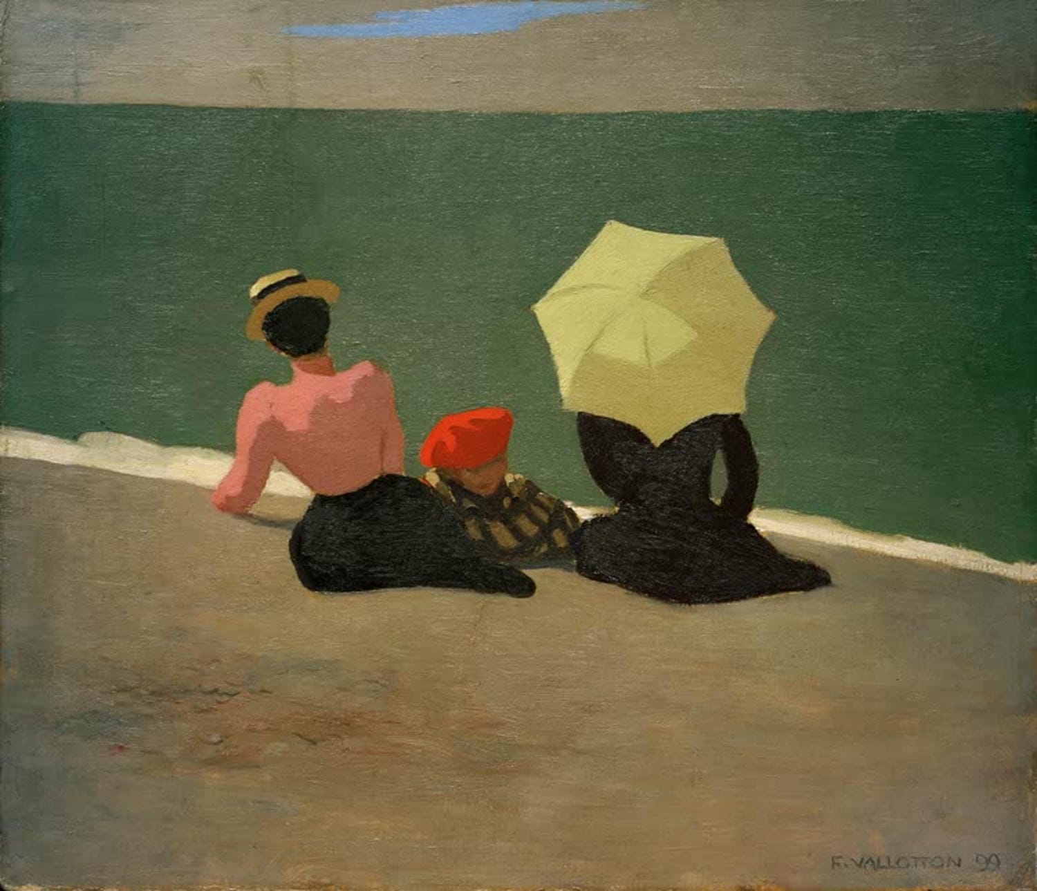Drei Personen in Rückenansicht am Strand, minimalistische Farbflächen und Horizontlinie, gemalt von Félix Vallotton.