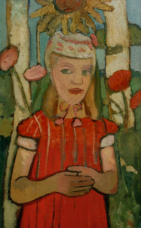 Mädchen in rotem Kleid vor Sonnenblume | Paula Modersohn-Becker