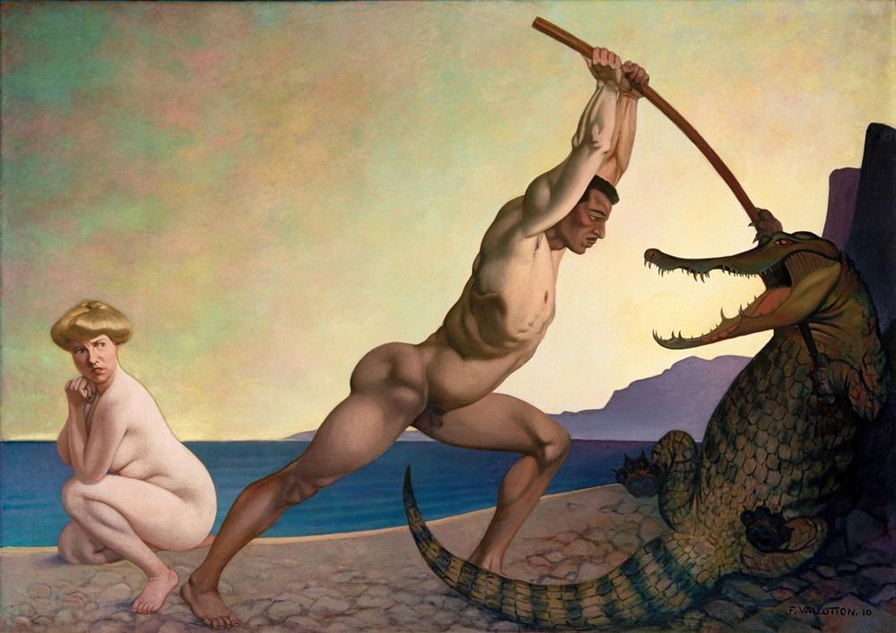 Kunstdruck von Félix Vallottons Ölgemälde Perseus tötet den Drachen, das die mythologische Rettung Andromedas durch Perseus in lebendigen Farben darstellt.