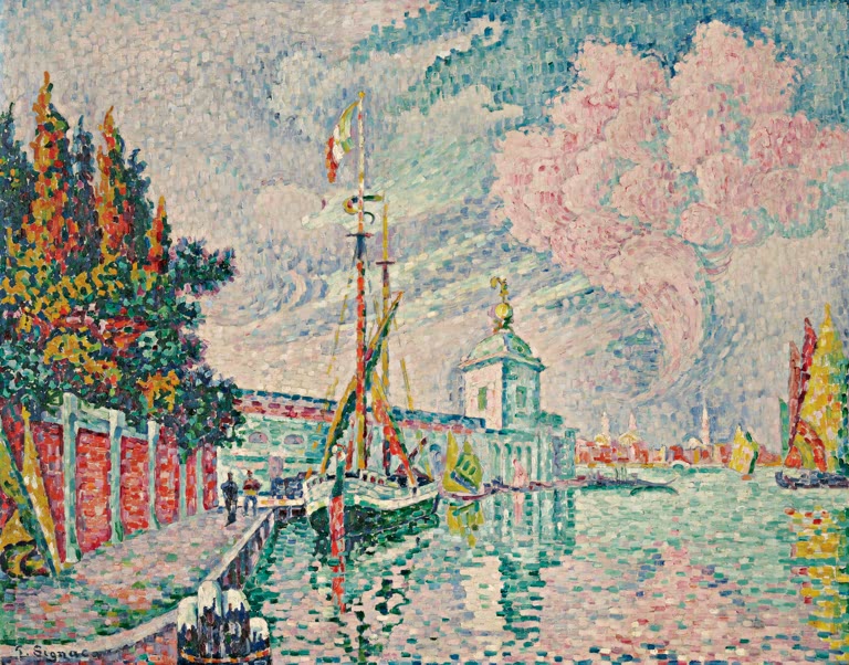 „Punta della Dogana, Venedig“ von Paul Signac – farbenfrohe neoimpressionistische Ansicht der venezianischen Zollstation mit Wasser und Booten.