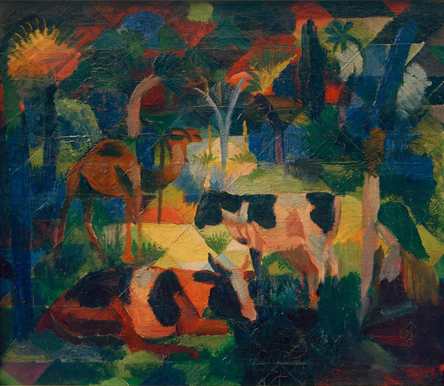 Gemälde Landschaft mit Kühen und Kamel von August Macke mit Weidetieren in farbiger Landschaft