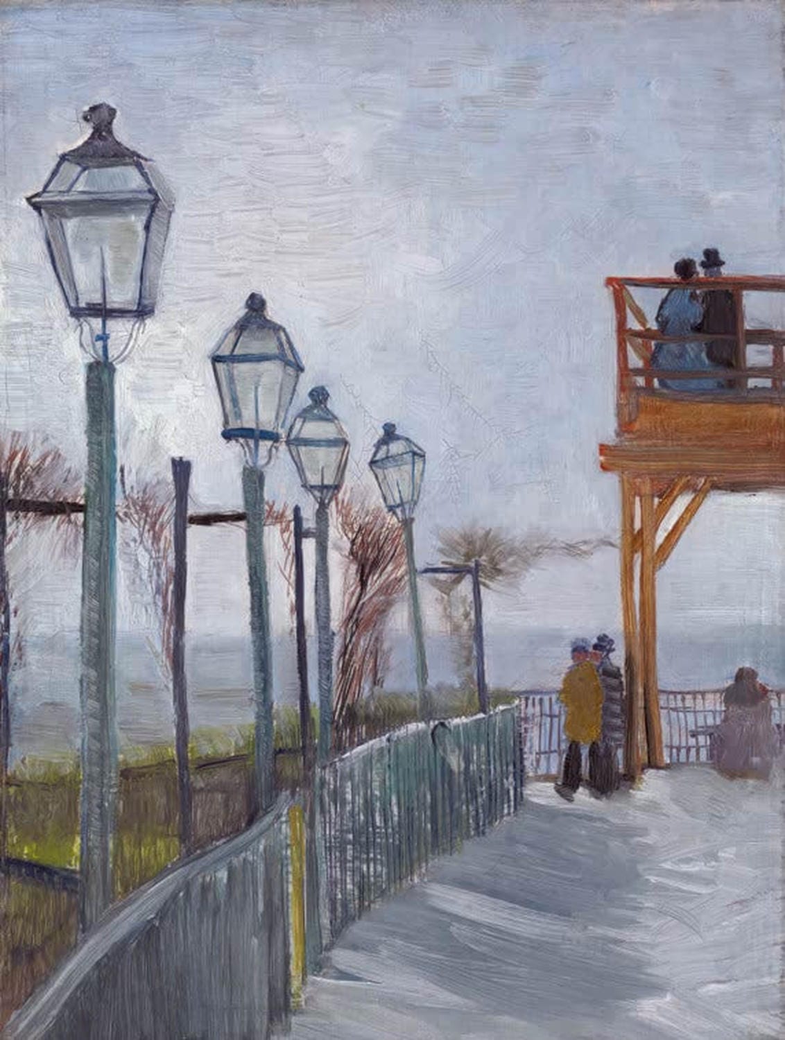 „Terrasse und Aussichtsplattform an der Moulin de Blute-Fin“ von Vincent van Gogh: Windmühle mit Terrasse und Figuren, in lebendigen Farben und dynamischen Pinselstrichen.