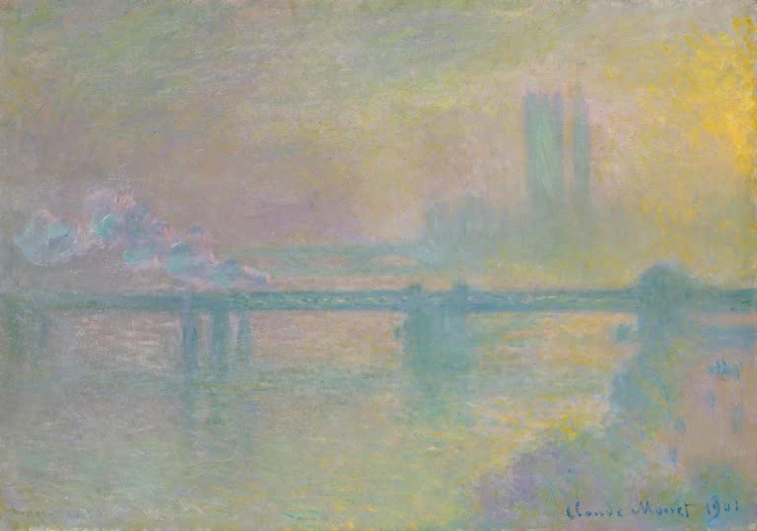 Claude Monet Gemälde „Charing Cross Brücke, London“ – impressionistische Darstellung der Brücke im Nebel mit weichen Farben.