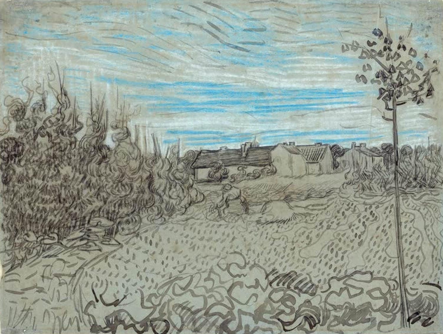 Kunstdruck des Gemäldes „Hütten und arbeitende Frau in der Bildmitte“ von Vincent van Gogh mit ländlicher Szene, einfachen Hütten und einer arbeitenden Frau in kräftigen Farben.