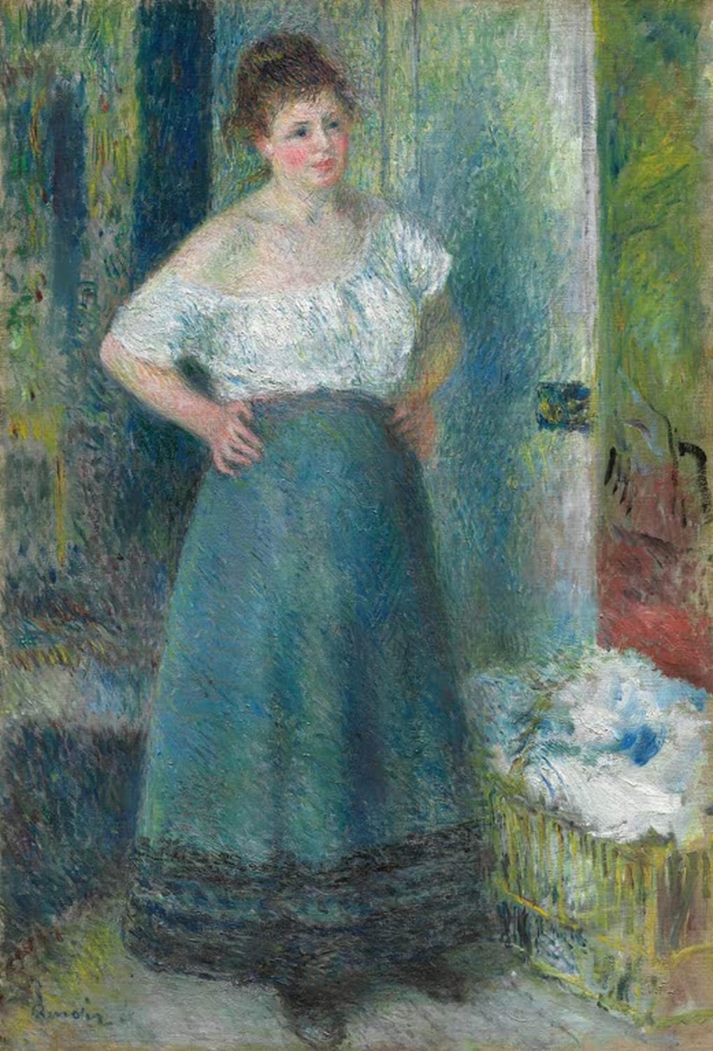 Pierre-Auguste Renoir Gemälde „Die Wäscherin“ – impressionistisches Bild einer Frau beim Wäschewaschen mit weichen Farben und Licht.