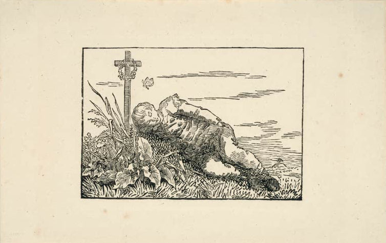 „Junger Mann auf einem Grab liegend“ von Caspar David Friedrich – junge Figur an einem Grab in einer ruhigen romantischen Landschaft.