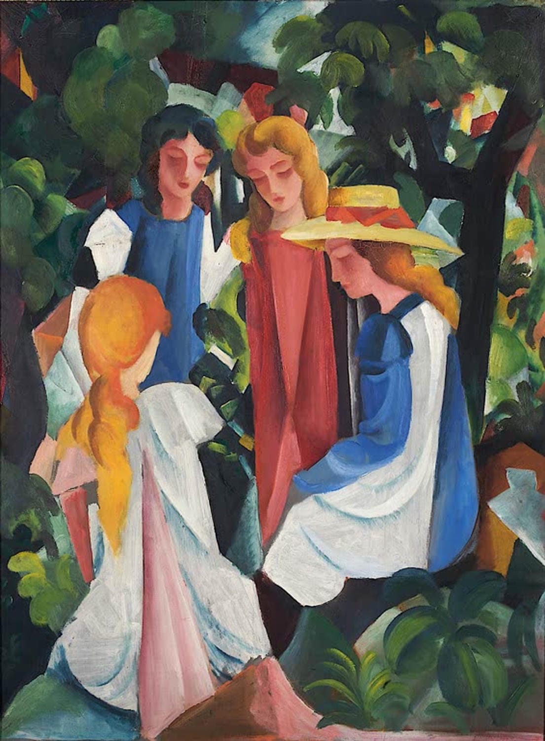 Gemälde Vier Mädchen von August Macke mit sitzenden Frauenfiguren
