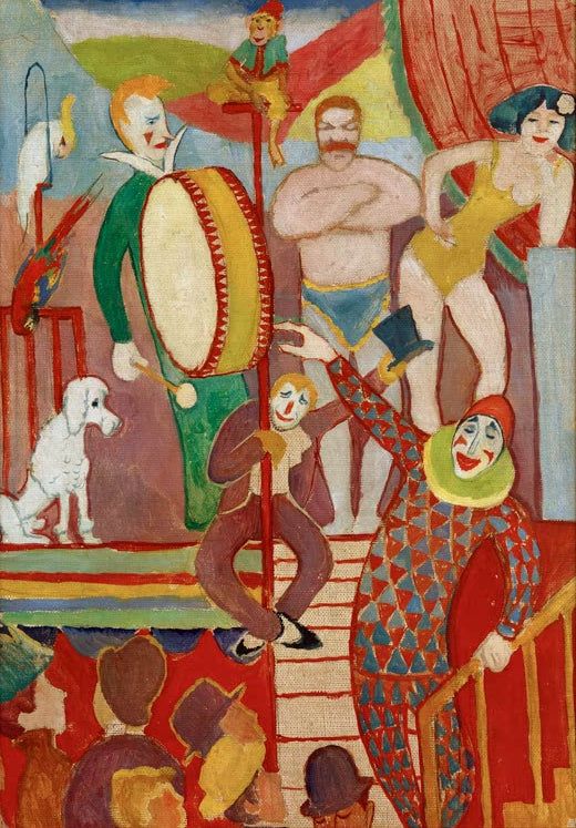 Circuswelt I: Athletenpaar, Clown und Affe | August Macke