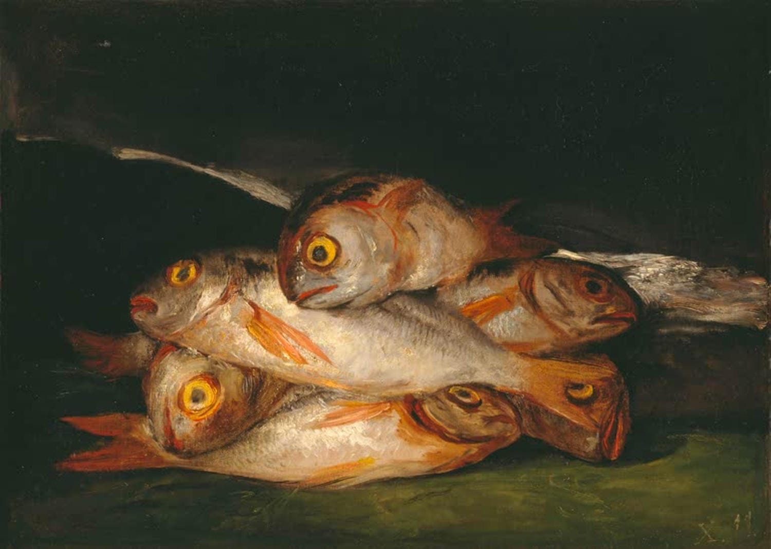 Stillleben mit Goldbrasse von Goya – realistischer toter Fisch im dramatischen Licht.