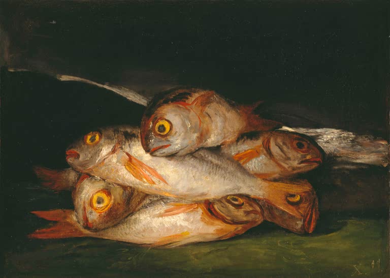 Stillleben mit Goldbrasse von Goya – realistischer toter Fisch im dramatischen Licht.