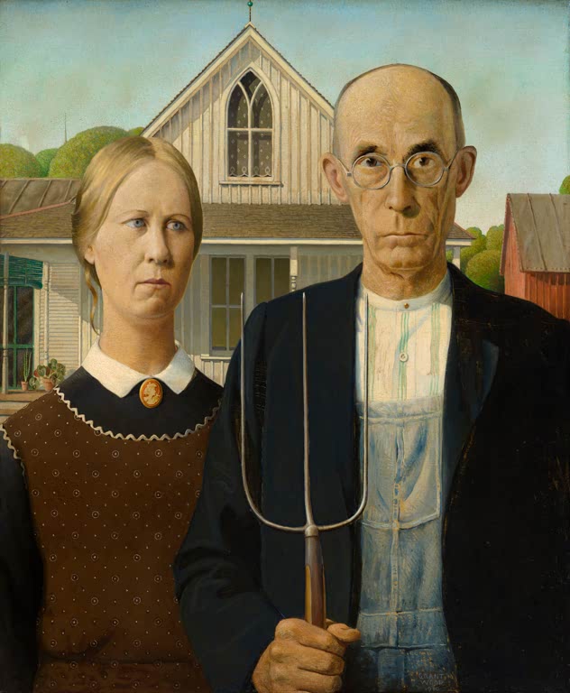 Gemälde „American Gothic“ von Grant Wood – Farmer und Frau mit Heugabel vor Haus mit gotischem Fenster
