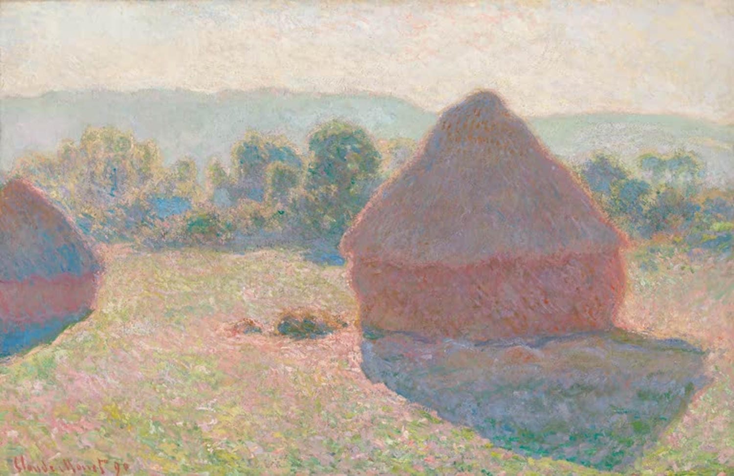 "Heuhaufen, mittags" von Claude Monet – impressionistische Landschaft mit Heuhaufen im Mittagslicht.