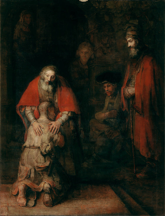 Kunstdruck „Rückkehr des verlorenen Sohns“ von Rembrandt – emotionales Barockgemälde über Vergebung, meisterhaft inszeniert mit Licht und Tiefe. Ideal für klassische, anspruchsvolle Wohnräume.