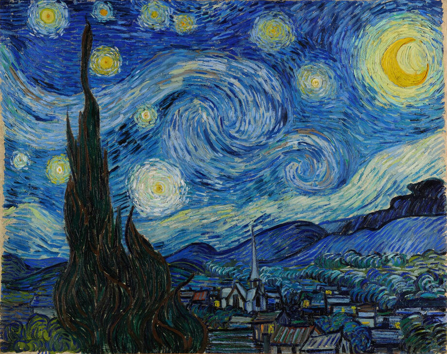 „Die Sternennacht“ von Vincent van Gogh: Ein lebhaftes Gemälde, das einen wirbelnden Nachthimmel mit leuchtenden Sternen und einem großen Mond zeigt, über einem ruhigen Dorf mit Zypressen im Vordergrund. Die kräftigen Blautöne und gelben Akzente schaffen eine emotionale und traumhafte Atmosphäre.