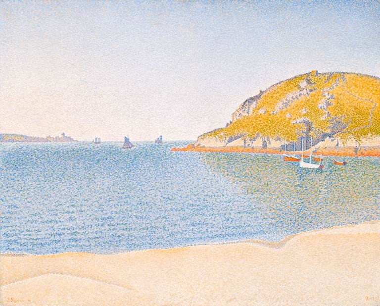 „Hafen von Saint-Cast“ von Paul Signac – farbenfrohe neoimpressionistische Hafenszene mit Booten und bretonischer Küstenlandschaft.