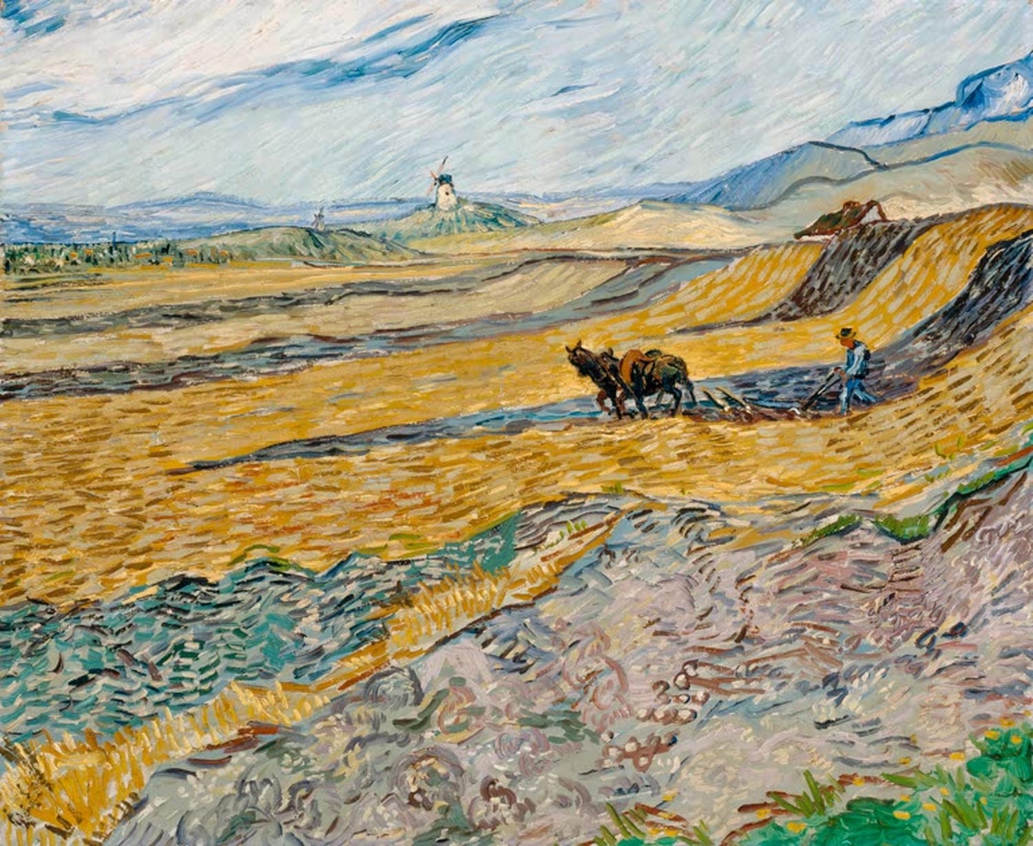 Acker mit pflügendem Bauern und Mühle | Vincent Van Gogh
