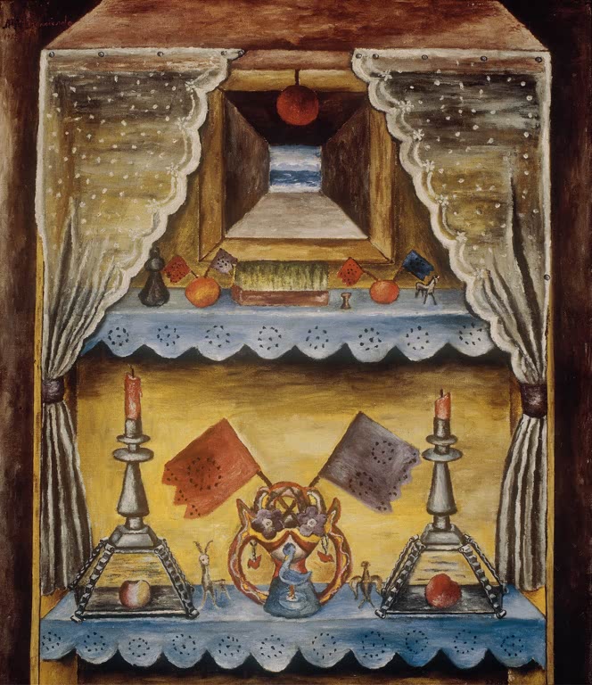 Kunstdruck „Wandschrank (Freitag im Spielzeugladen)“ von María Izquierdo mit fantasievoller Szene aus einem Spielzeugladen