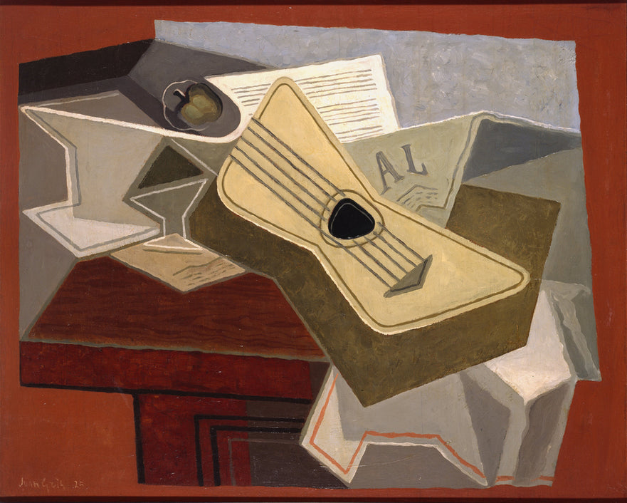 Kunstdruck von Juan Gris' „Gitarre und Zeitung“ (1925), ein kubistisches Stillleben mit Gitarre und Zeitung.
