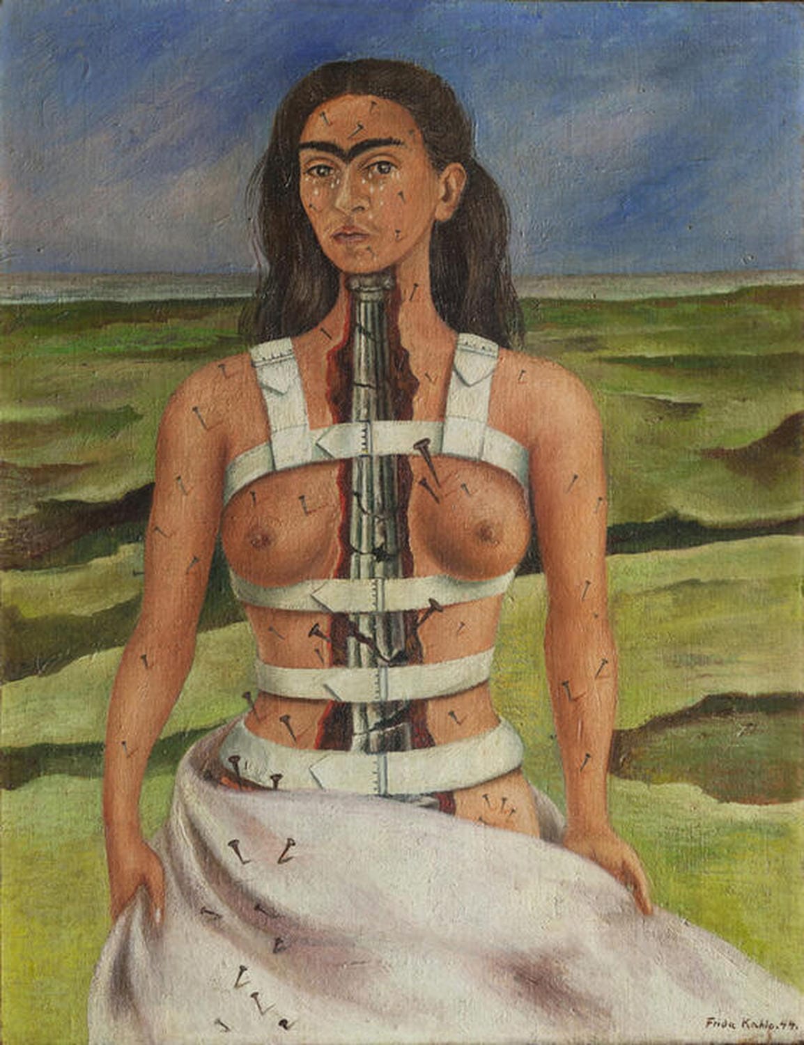 Frida Kahlo Gemälde „Die gebrochene Säule“ – eindrucksvolles Selbstporträt mit zerbrochener Säule als Symbol für Schmerz und Verletzlichkeit.