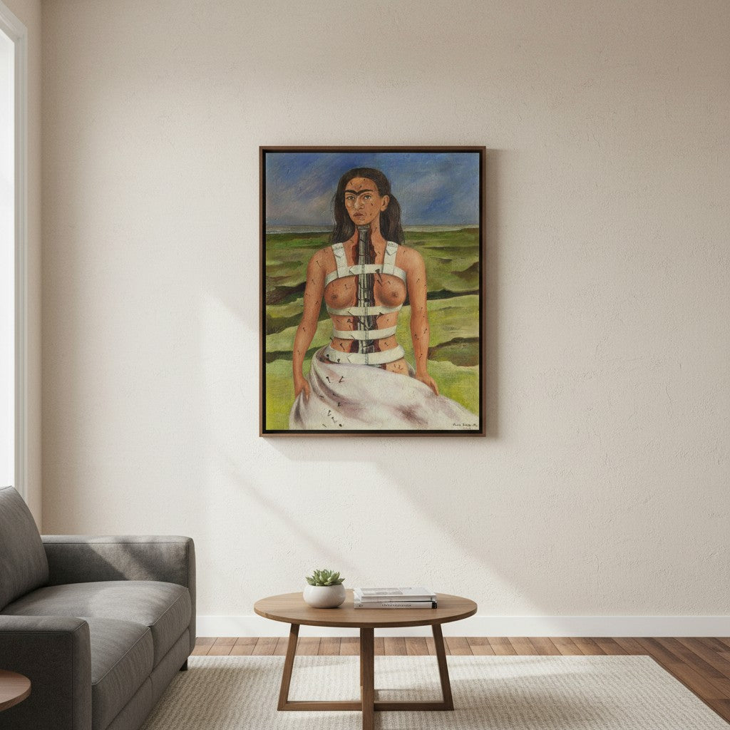 Die gebrochene Säule von Frida Kahlo auf Leinwand in Schattenfugenrahmen an Wand hängend als Wanddekoration
