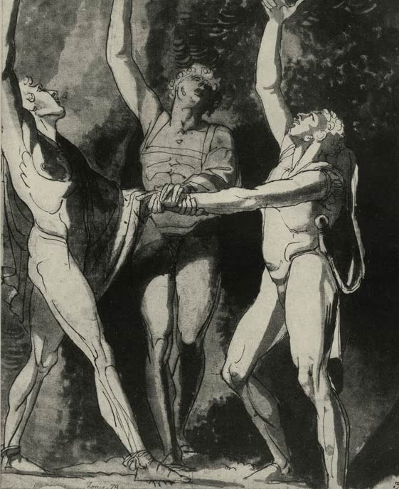 Kunstdruck des Gemäldes Die drei Eidgenossen beim Schwur auf dem Rütli von Johann Heinrich Füssli mit historischer Schwurszene.